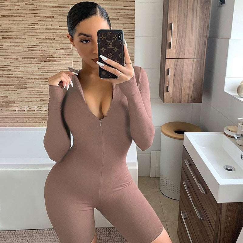Solid Color Zipper Playsuit Women Skinny Long-Sleeved Sports Jumpsuit Shorts - Slayed by Meme